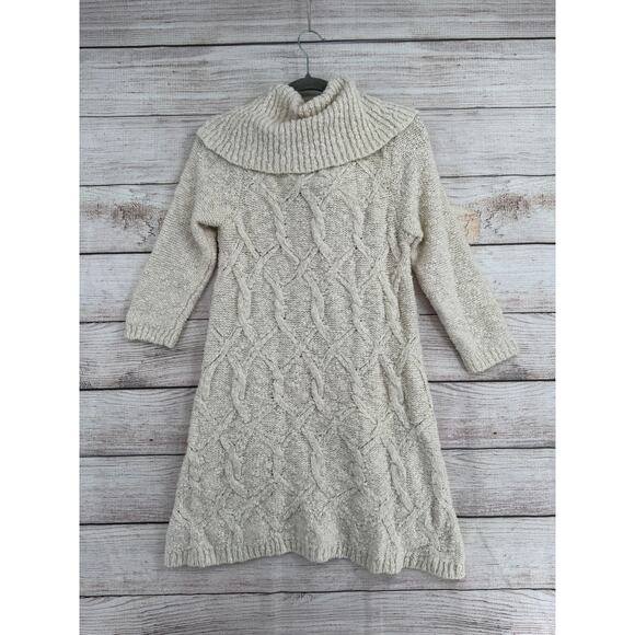 Sleeping on Snow Cable Knit Turtleneck Tunic Sweater Dress Womens M Cream Ivory - Picture 2 of 10